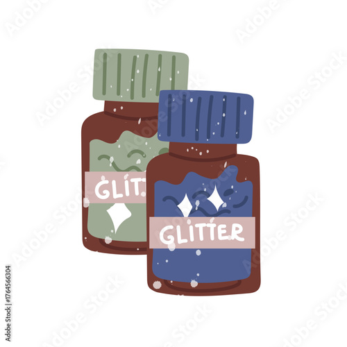 Multicolored closed glass jars of glitter. Flat colorful vector illustration with white noise splashes. A couple of colored powdery glitter additives. Perfect for creative projects.