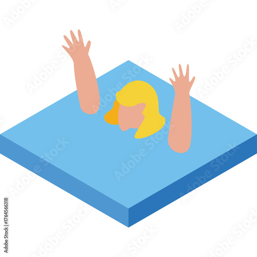 Isometric Illustration of a Person With Blonde Hair With Arms Raised In A Blue Square Representing Drowning or Distress On Transparent Background