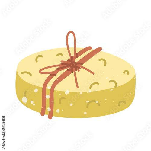 oval yellow handmade soap bar tied with twine. flat vector illustration with white noise splashes. vibrant illustration. for eco-friendly cosmetics, spas, wellness, packaging design, or presentations