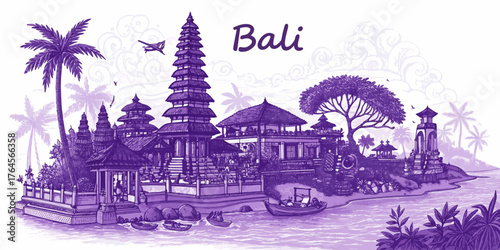 Bali Skyline Hand Drawn Sketch with Cultural Landmarks for Tourism Promotion and Travel Art Print | Bali Cityscape Illustration with Uluwatu Temple, Tanah Lot, Mount Agung, and Traditional Architectur