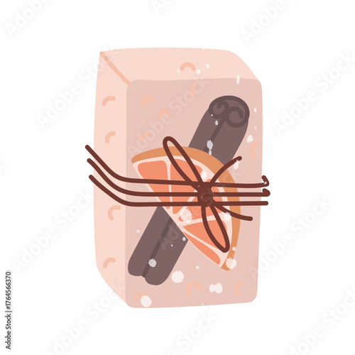 Orange rectangular bar of soap with cinnamon and slice of grapefruit tied with twine, handmade. Flat illustration with white noise splashes. eco-friendly cosmetics, spas, wellness, packaging