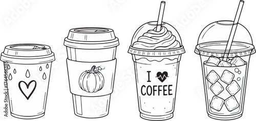 Hand drawn coffee cup vector outline set with iced cold brew and hot beverage mugs