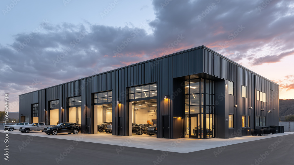 Obraz premium Modern industrial building with cars parked outside and inside at sunset