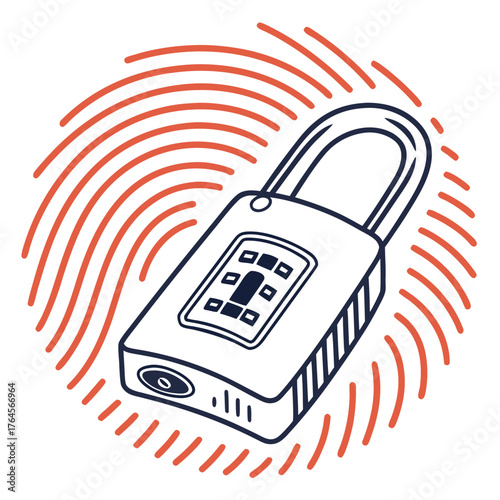 Illustration of a combination lock with a fingerprint pattern in the background for security