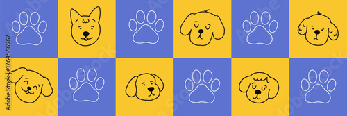 Puppy faces and pet character icons in colorful design. Vector illustration with doodle animal head for fun projects