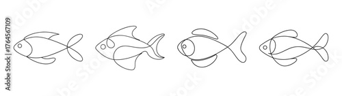 Four detailed line drawings of fish in a row showcasing intricate scales and fins in a creative artistic style