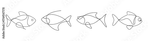 Four stylized tiger barb fish line art sketches showing different poses and angles for aquatic design