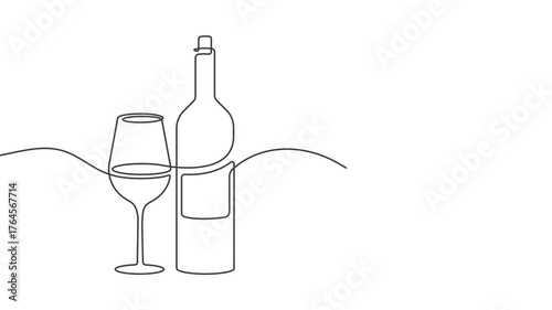 Wine glass. Alcoholic drink drawing. Wine bottle . line art. 