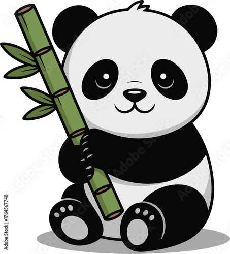 Cute cartoon panda holding bamboo with happy expression in a simple illustration on white backdrop