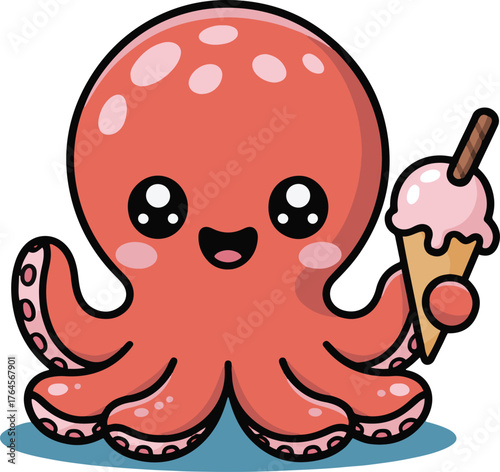 Cute pink octopus holding an ice cream cone with joyful expression on a light blue background scene