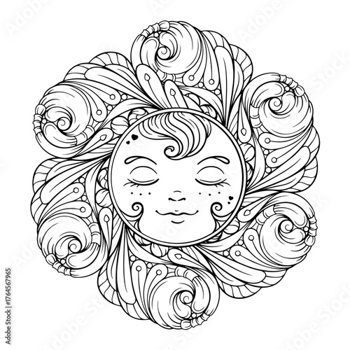 Happy sun with floral curved petals. Black and white celestial mandala for antistress coloring.