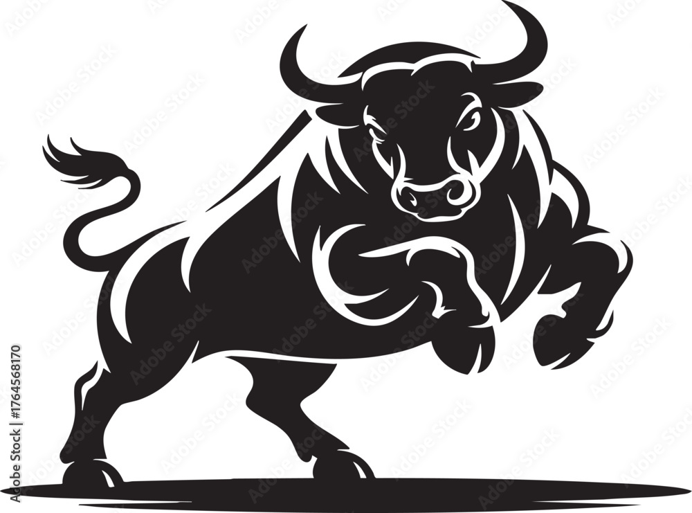Obraz premium A stylized black and white illustration of a charging bull with curved horns and a curled tail design
