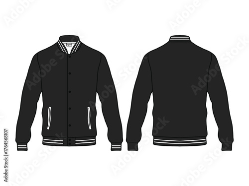 Black Varsity Jacket Vector. Front and Back View
