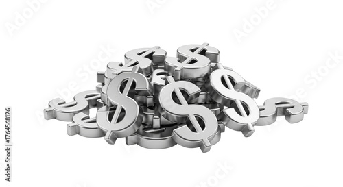 Pile of 3D Rendered Silver Dollar Symbols, Isolated on White