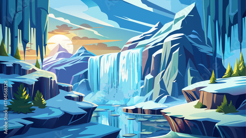 Frozen waterfall under clear daylight, ice shining like crystal, sunlight reflecting from cliffs, powerful yet peaceful winter landscape