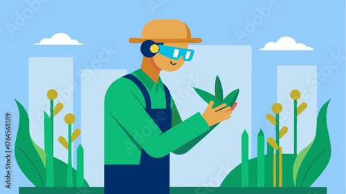 A farmer utilizing AR glasses to overlay realtime data from IoT sensors directly onto vertical crops during routine inspections.
