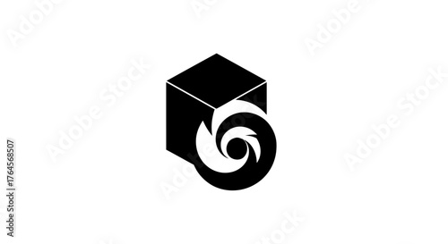 Black cube with a swirling vortex design, modern and abstract.
