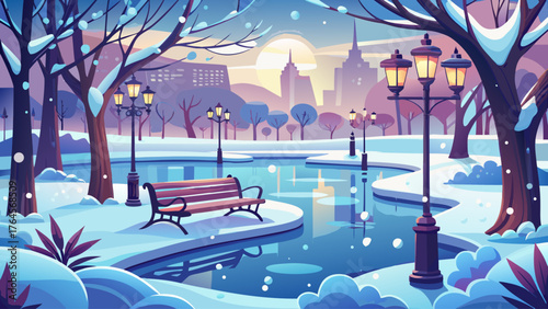 Snowy park with frozen pond, trees casting soft shadows, benches covered in snow, bright sunshine and clear air