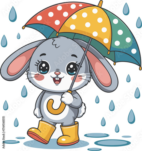 Adorable cartoon bunny with colorful umbrella in raindrops and yellow boots, cheerful expression