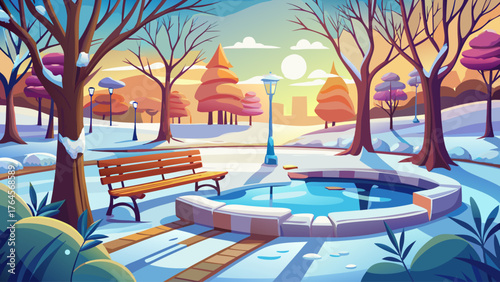 City park covered in snow, frozen pond reflecting lamp posts, benches half-buried in white, soft flakes falling in peaceful silence.