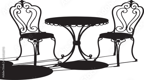 A black wrought iron table and two chairs on a white background casting strong shadows on the ground plane