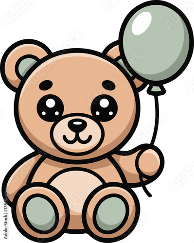 Cute teddy bear holding a green balloon with a happy expression on its face against white background