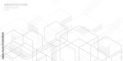 White background from cubes and lines. Abstract architecture. Linear geometric drawing. Vector illustration.