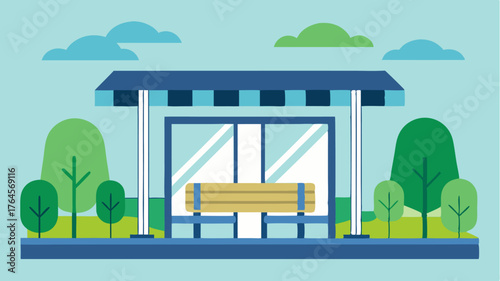 A solarpowered bus shelter with seats made from recycled materials surrounded by greenery and equipped with digital transit time displays.