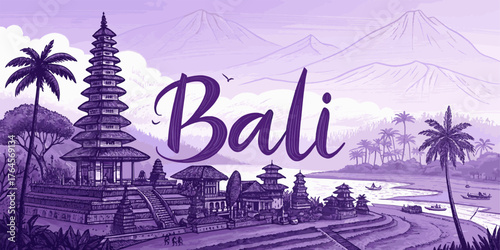 Bali Skyline Hand Drawn Sketch with Cultural Landmarks for Tourism Promotion and Travel Art Print | Bali Cityscape Illustration with Uluwatu Temple, Tanah Lot, Mount Agung, and Traditional Architectur