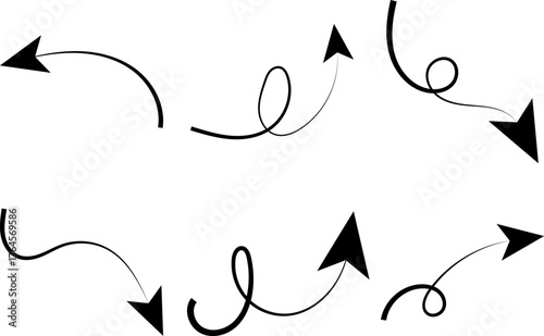 Hand Drawn Collection of Six Curvy and Spiral Black Arrows Pointing in Various Directions for Annotation and Design Elements