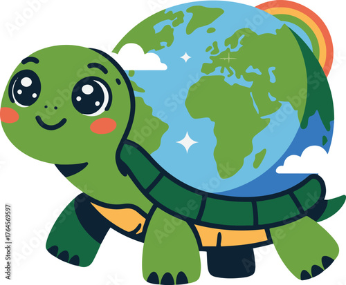 Cute cartoon turtle carrying world with clouds and rainbow on green shell, smiling happily