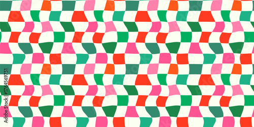 Distorted groovy red, green and pink Christmas check seamless vector pattern, Fun wavy squares background for holiday designs