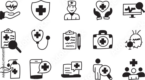 Hand Drawn Medical Icon Set Healthcare and Hospital Doodle Vector Illustration