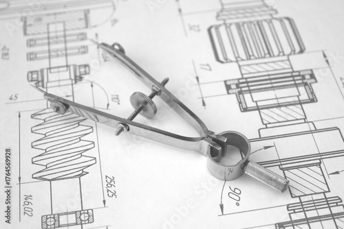 Mechanics engineering industry . New technologies. Paper drawing.