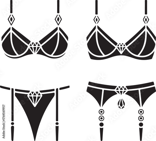 A glamorous vector icon collection of women's lingerie, including bras, a thong, and a garter belt, decorated with diamond jewelry