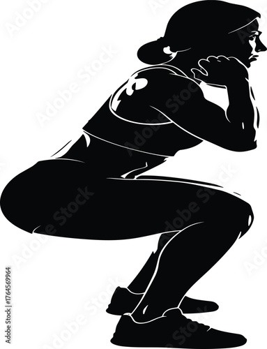 Detailed Black Silhouette of a Fit Woman in an Athletic Squat Position, Illustrating Strength Training, Bodyweight Exercise, Gym Workouts, and a Healthy Lifestyle