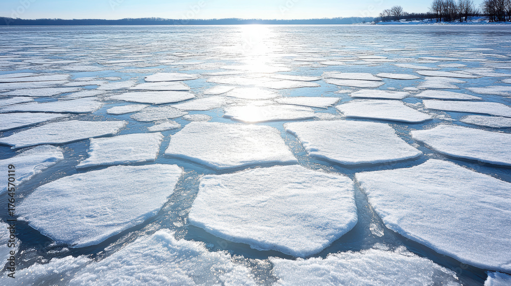 Obraz premium Floating ice on calm water reflects sunlight, creating serene and poetic atmosphere
