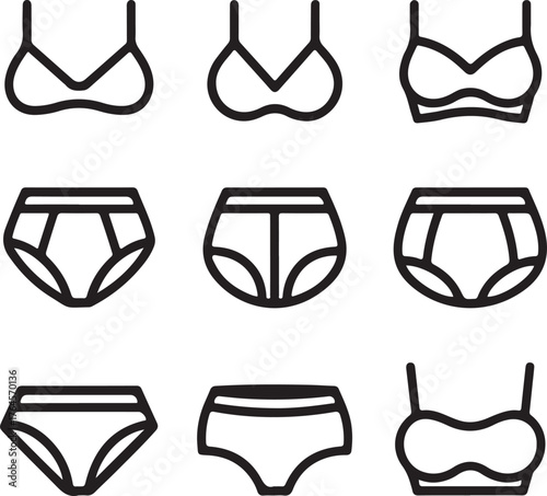 A collection of nine minimalist line art icons representing various styles of women's bras and panties for modern apparel design