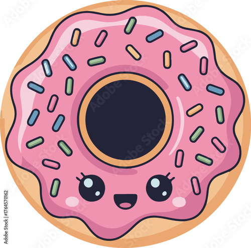 Cute cartoon donut with pink icing and sprinkles surrounded by colorful stars and hearts design