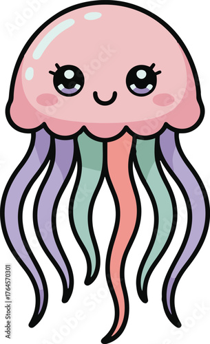 Cute cartoon jellyfish with colorful tentacles and a cheerful expression on a light background
