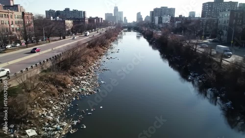 Wallpaper Mural City river polluted with trash, road with cars, buildings in background, for environmental content Torontodigital.ca