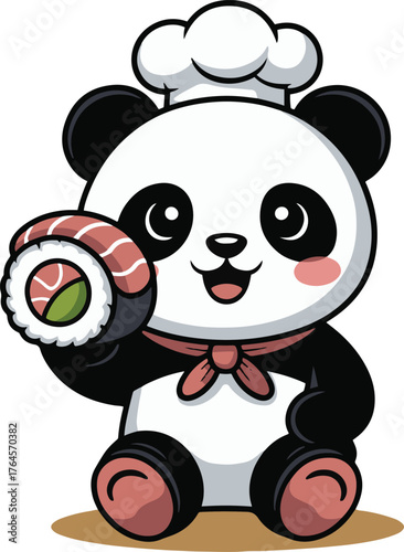 Cute cartoon panda chef holding a sushi roll on light orange background with happy expression