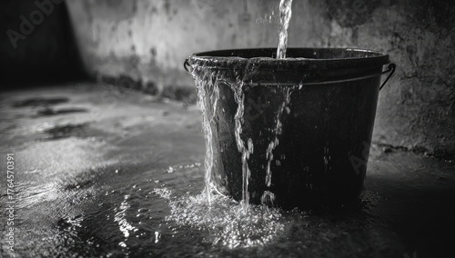 Water pouring from a bucket onto a concrete floor