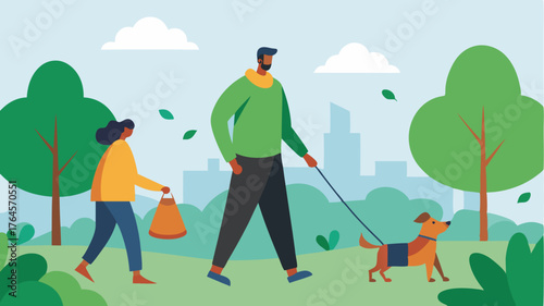 A dedicated neighbor brings along his dog who happily trots alongside as the group walks the park picking up trash.