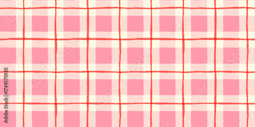 Cute Hand Painted Pink and Red Plaid Seamless Vector Pattern, Wavy Check Background