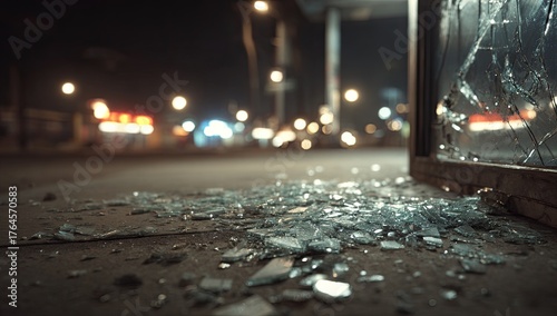 Shattered glass on a city street at night (1)