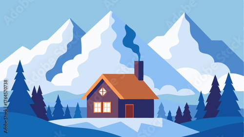A cozy cabin nestled a snowcapped mountains with smoke billowing from the chimney.