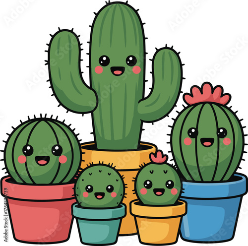 Cute cartoon cacti in colorful pots with smiling faces and rosy cheeks on white background