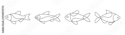 Four line art sketches of cherry barb fish in dynamic poses underwater aquatic life