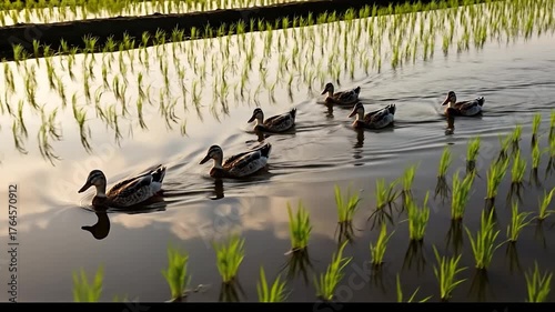 Ducks Swimming in Rice Paddy Water with Reflections at Golden Hour